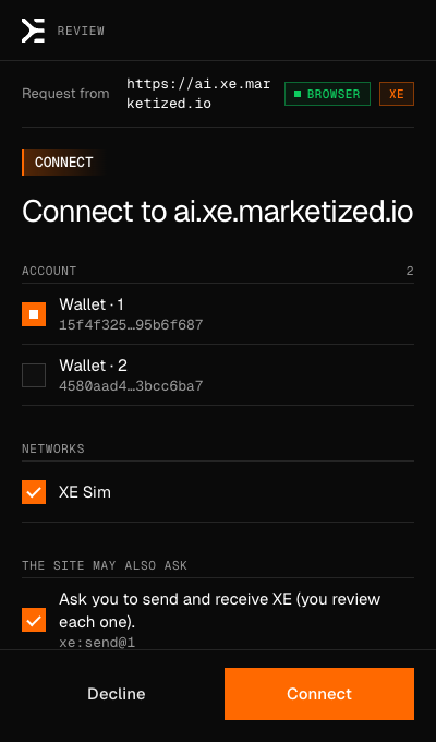 The window for connecting a site: which account it may see, on which network, and what else it may ask for.