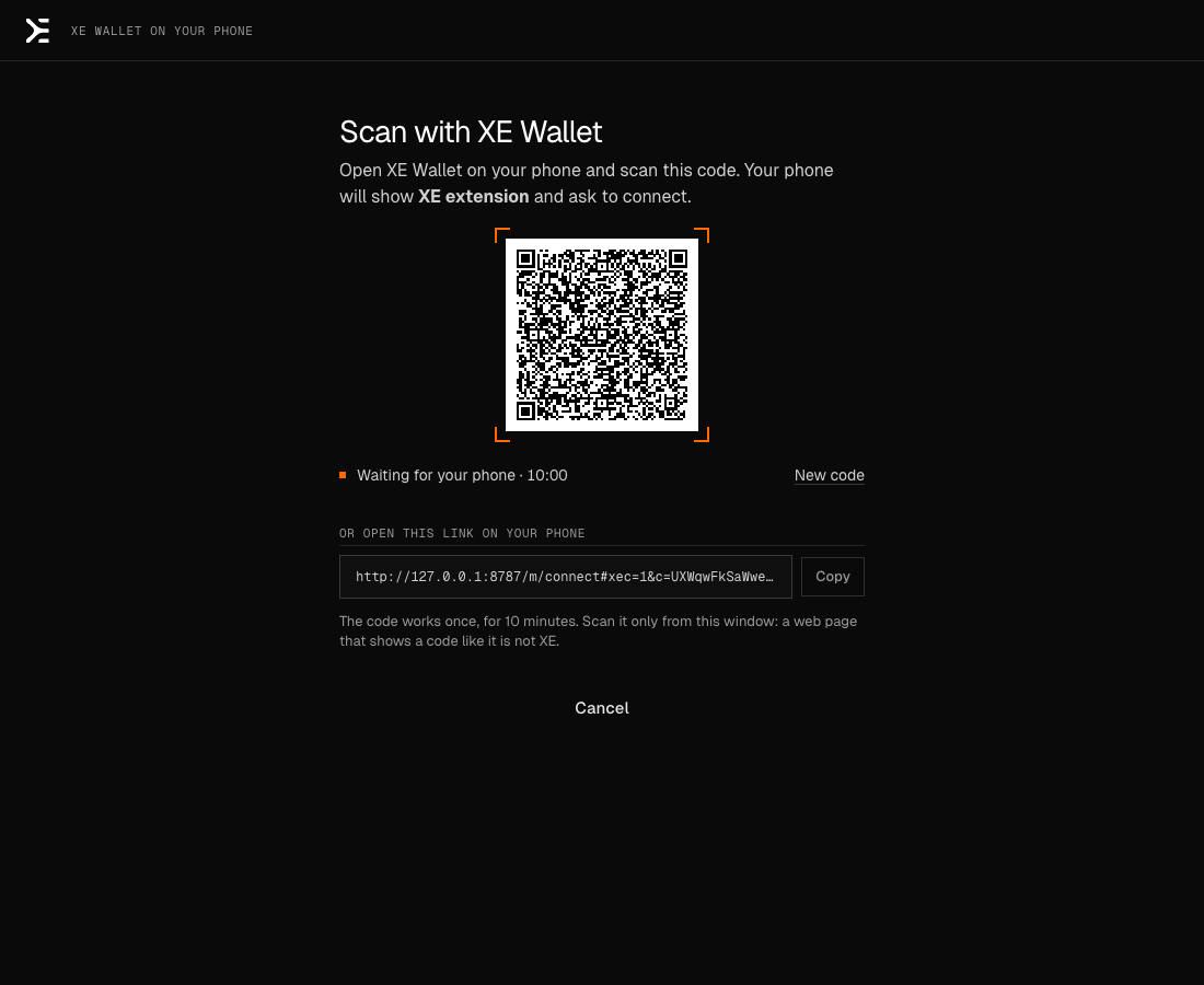 Pairing XE Wallet on a phone: a QR code to scan with the phone, a ten-minute countdown and a link to open instead.
