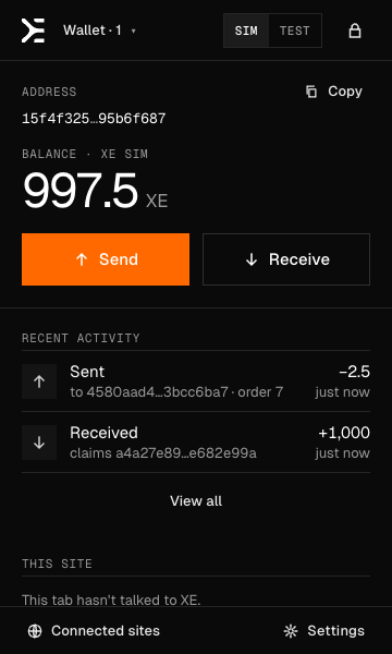 The extension's popup: an account's address, a balance of 997.5 XE, Send and Receive buttons, and recent activity.