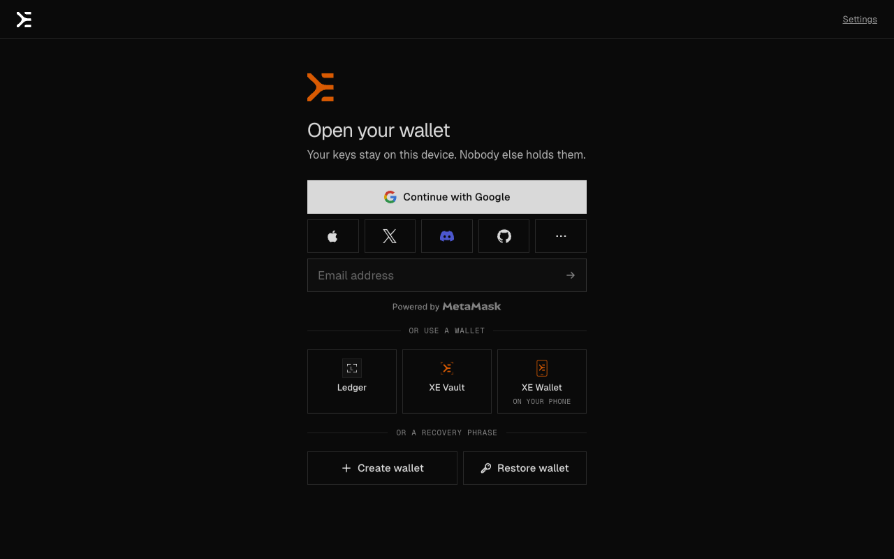 The extension's first screen: Continue with Google and other sign-in providers, an email field, tiles for Ledger, XE Vault and Phone, and Create wallet and Restore wallet.