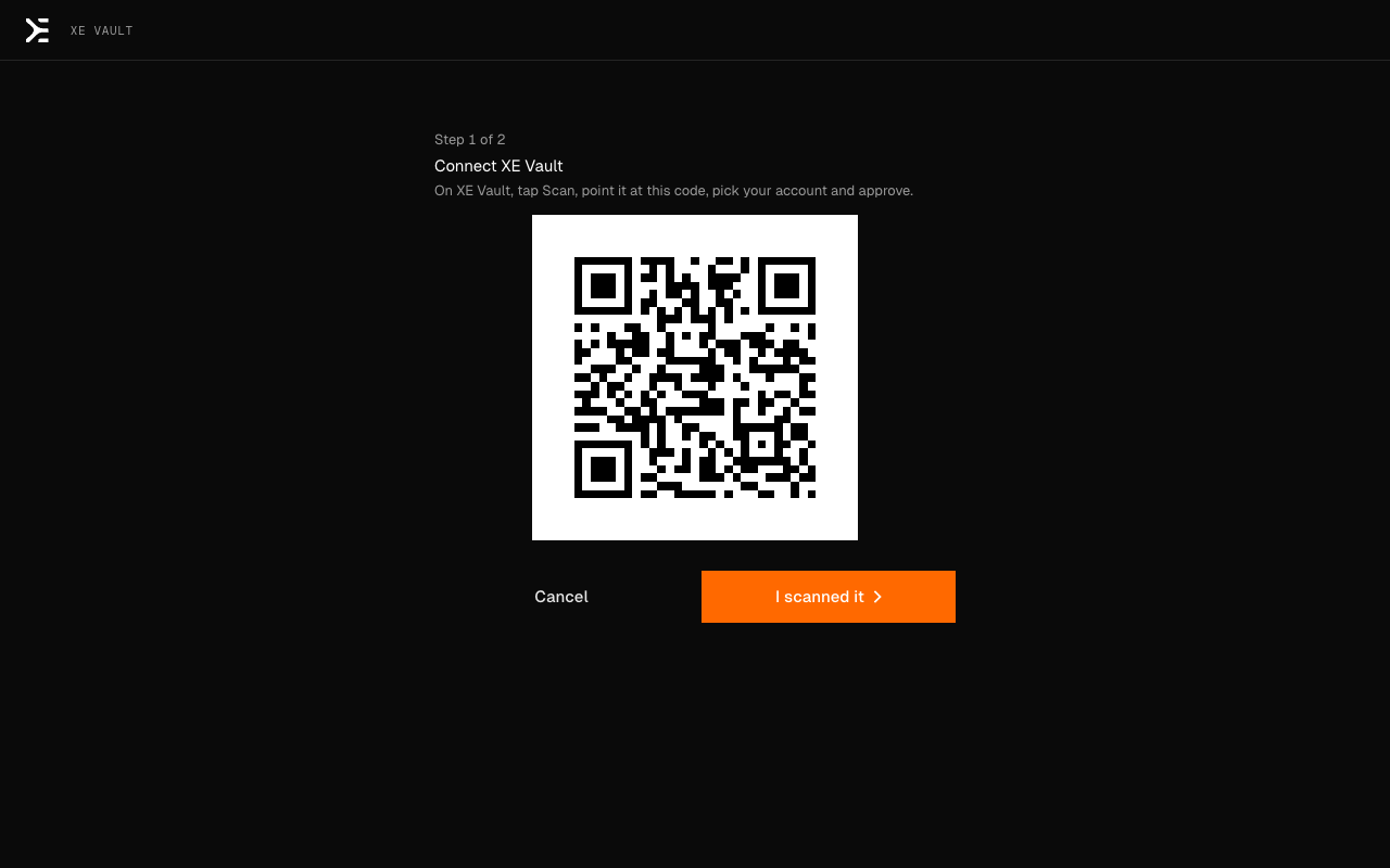 Adding XE Vault: a QR code on the extension's page for the offline phone to scan.